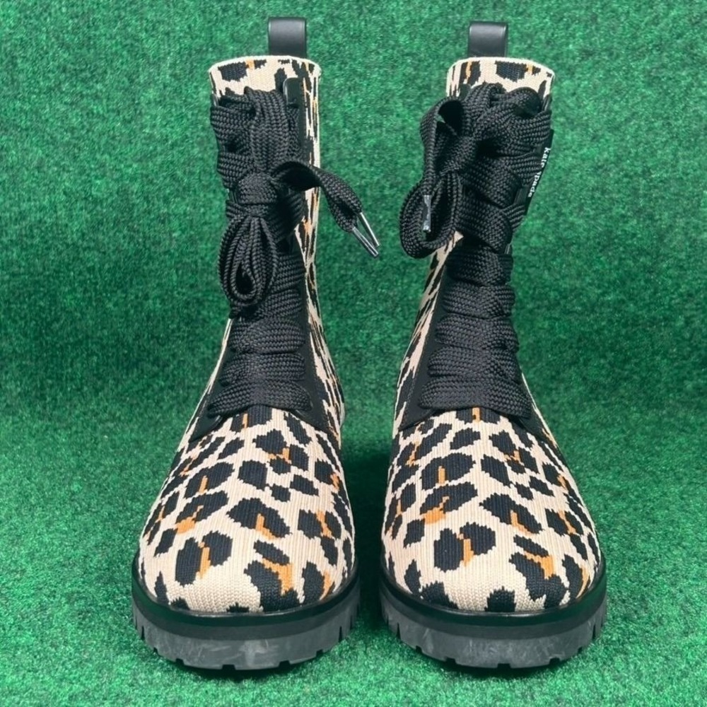 Kate Spade Leopard Print Knit Lace Up Ankle Boots Women 8.5B Leather Rubber Sole - Picture 4 of 11